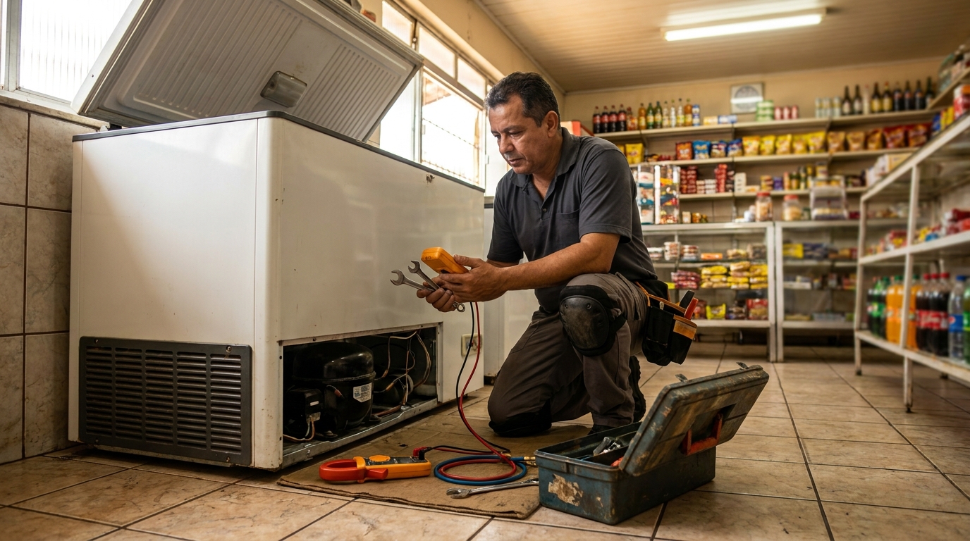 Manutenção em balcão refrigerado de mercado na Zona Sul‑SP