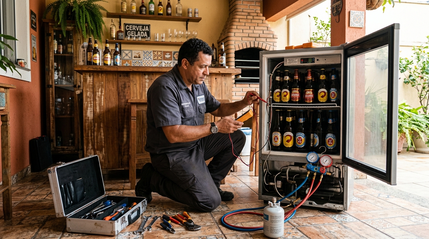Recarga de gás em expositor de bebidas durante atendimento na Zona Sul‑SP